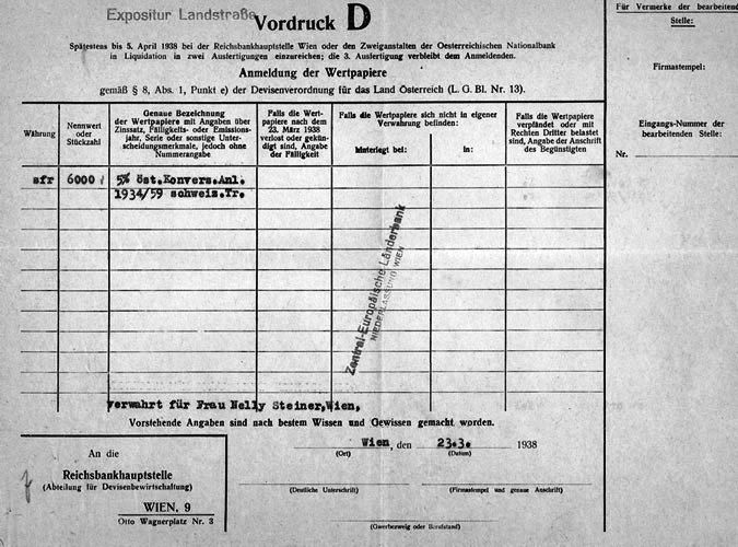 Jews were forced to register financial securities, this one dates to March 23, 1939